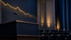 Empty press-briefing lectern with a microphone, a golden downward price line overlaid in the background, symbolizing how Fed speeches move the gold price today fed rate hike story.