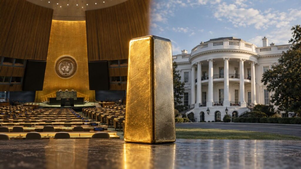 Split image of the United Nations General Assembly hall and the White House South Portico with a gold bar standing between them, representing this week's UN diplomacy and Trump-Xi summit affecting gold and silver prices.