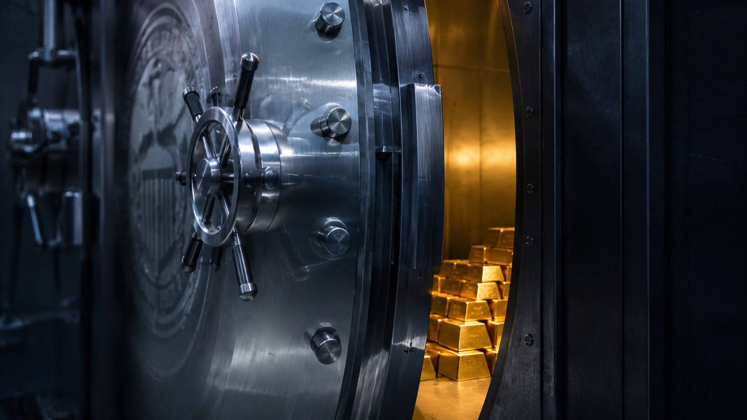 A heavy vault door standing open, revealing stacked gold bars inside, illustrating the new gold sanctions on Iran in 2026.