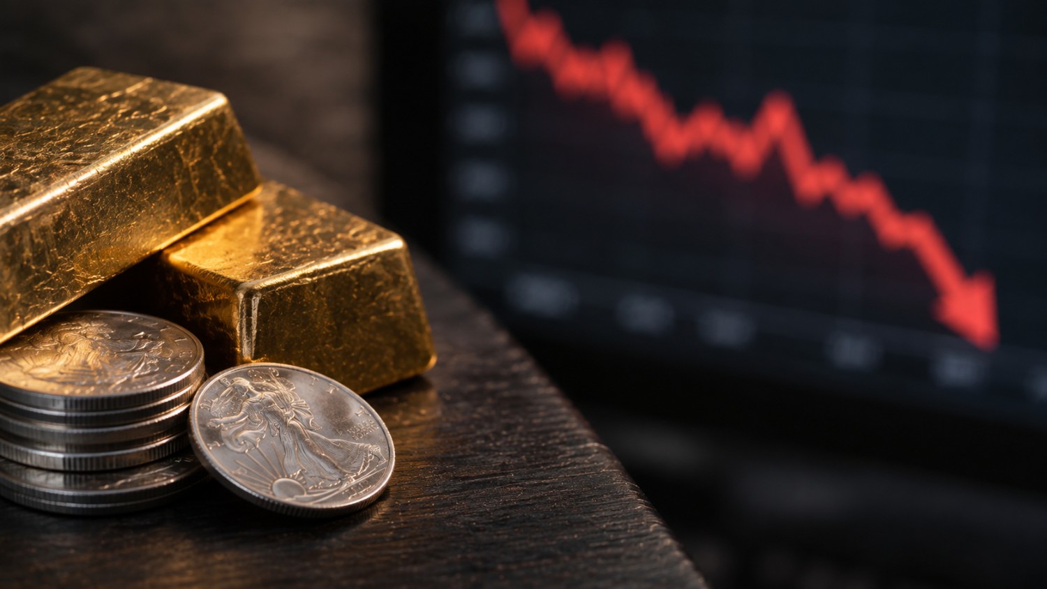 Gold bars and silver coins beside a red downward stock chart, illustrating why gold and silver dropped today