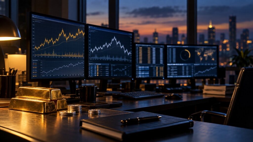 Gold and silver price charts on trading desk monitors showing market positioning ahead of the Fed decision, with gold bars and silver coins in the foreground at dusk