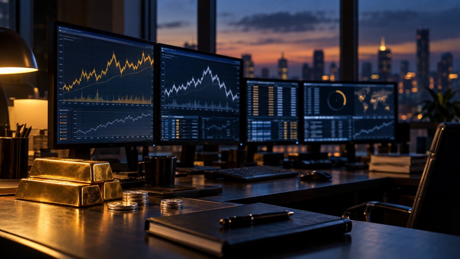 Gold and silver price charts on trading desk monitors showing market positioning ahead of the Fed decision, with gold bars and silver coins in the foreground at dusk