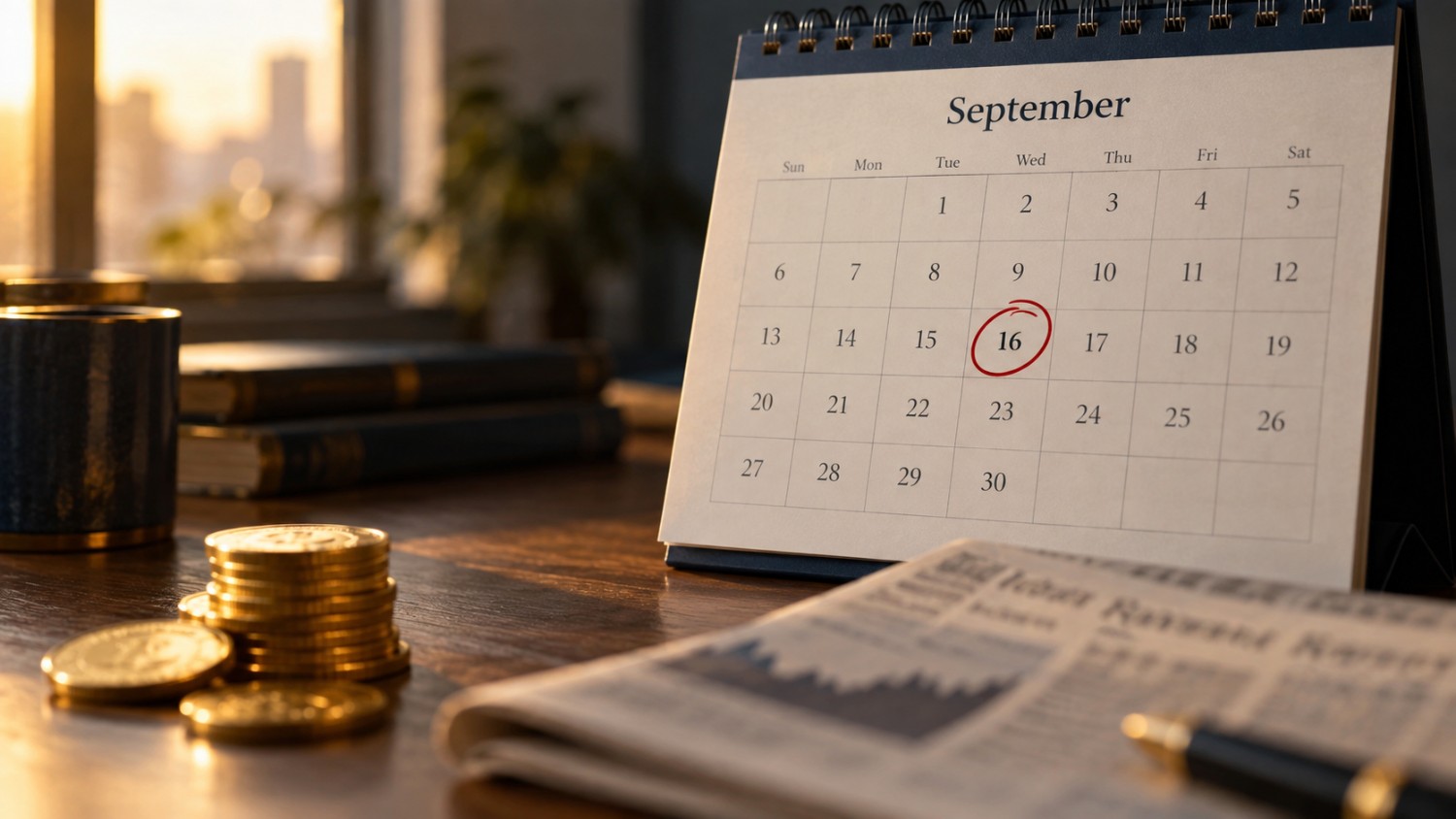September calendar with the 16th circled in red next to stacked gold coins and a financial newspaper, symbolizing the Fed decision driving today's gold and silver price move
