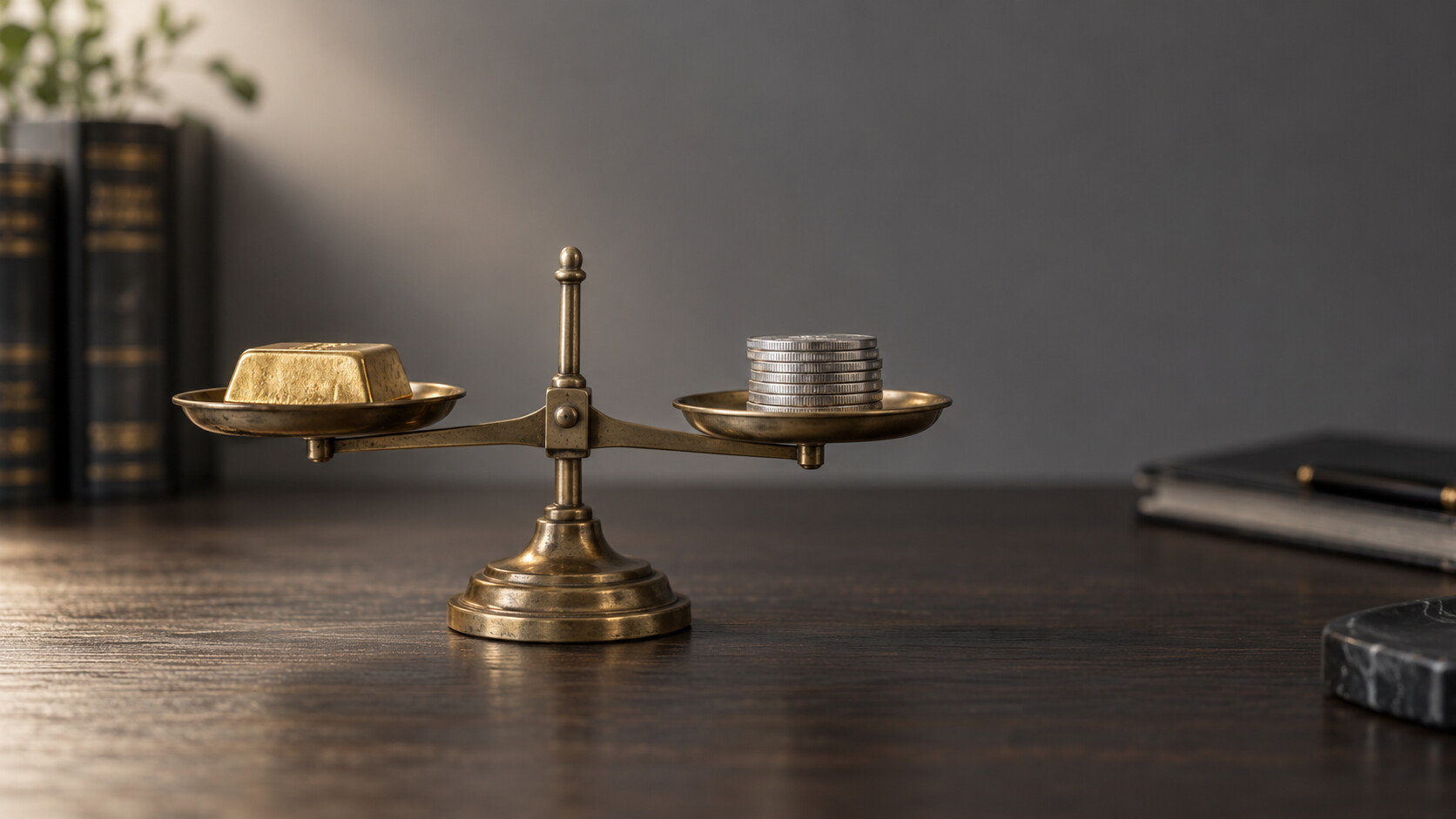 Gold silver ratio September 2026: a balance scale with a gold bar on one side and a stack of silver coins on the other, illustrating how many ounces of silver equal one ounce of gold.
