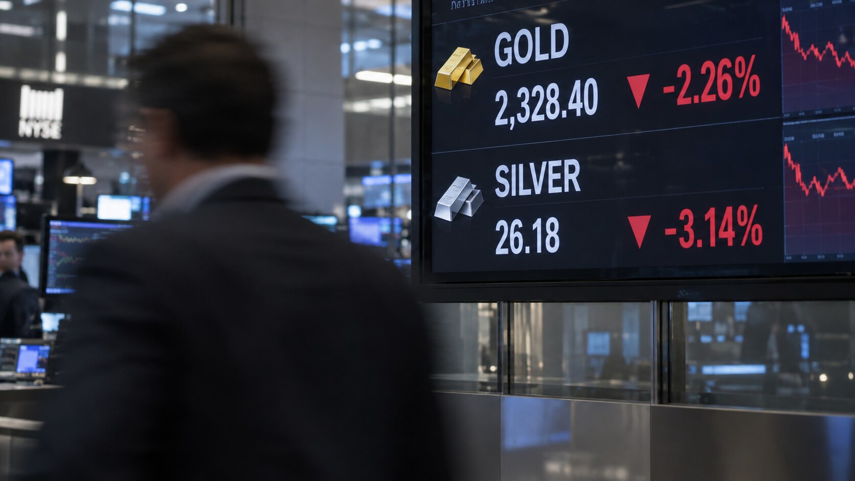 Digital trading floor ticker board showing gold and silver prices both down, reflecting today's gold silver ratio widening as the Trump-Xi summit opens.