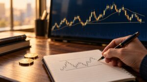 A hand sketches support and resistance lines beneath a candlestick chart in a notebook, with a larger gold-toned candlestick price chart and moving-average line visible on a monitor in the background, coins resting on the desk nearby.