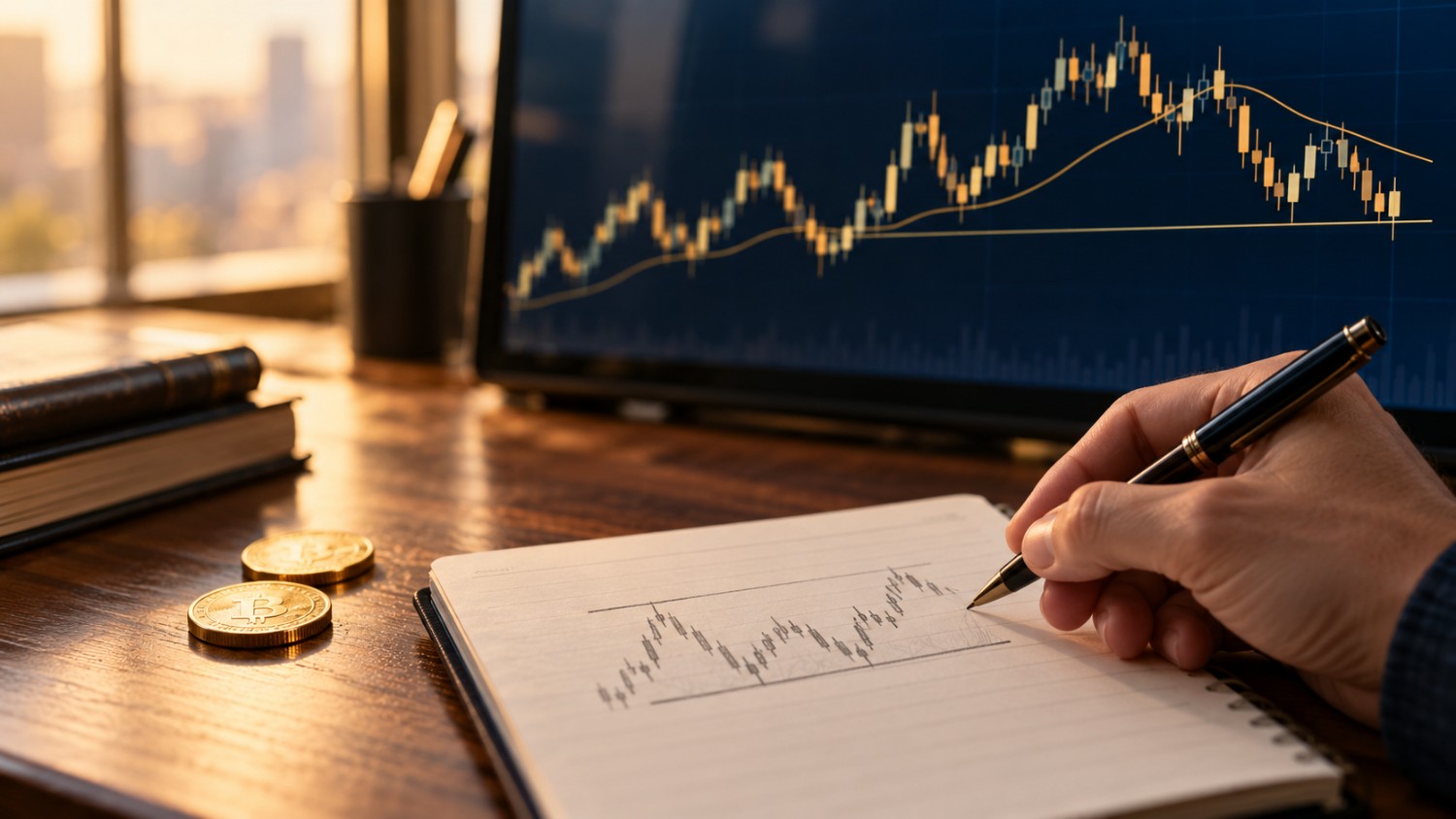 A hand sketches support and resistance lines beneath a candlestick chart in a notebook, with a larger gold-toned candlestick price chart and moving-average line visible on a monitor in the background, coins resting on the desk nearby.