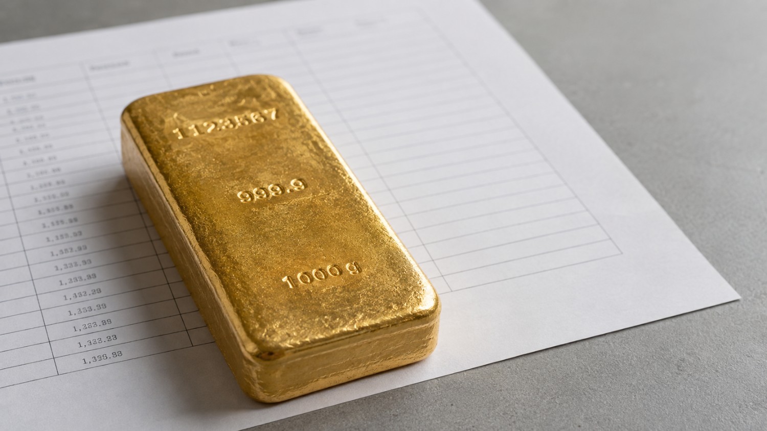 Serial-numbered gold bar on a vault inventory sheet, the documentation that decides a gold storage bankruptcy.