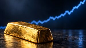 A gold bar in sharp focus as a rising blue yield line blurs behind it, visualizing gold's two-month low despite climbing Treasury yields