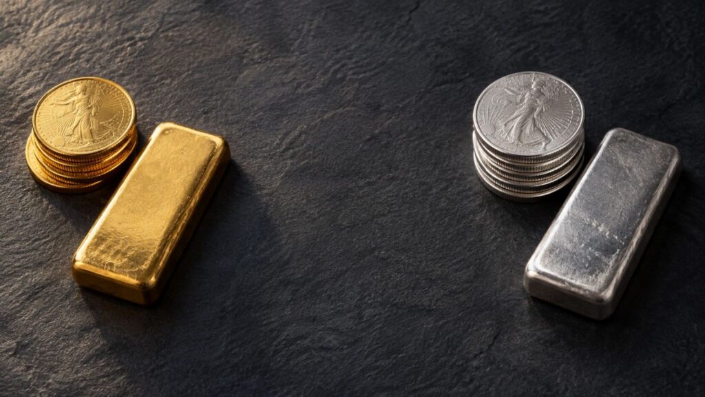 Stacks of gold coins and a gold bar next to stacks of silver coins and a silver bar on a dark slate surface, comparing gold vs silver investment options