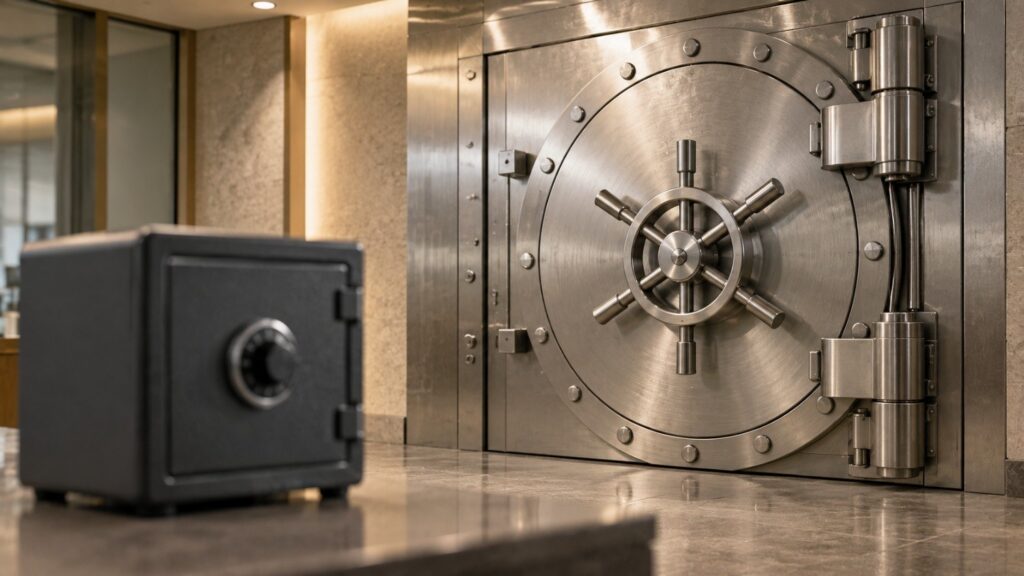 Bank vault door in sharp focus with a blurred home safe in the foreground, illustrating why a home storage gold IRA isn't legal