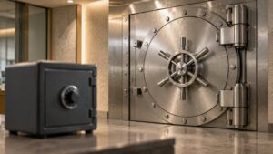 Bank vault door in sharp focus with a blurred home safe in the foreground, illustrating why a home storage gold IRA isn't legal