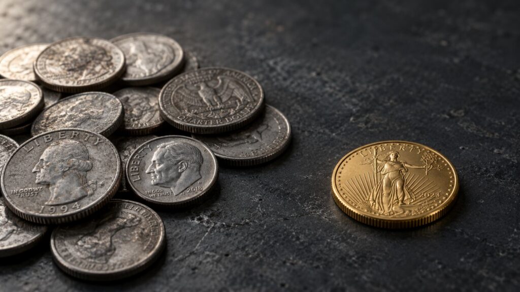 A small cluster of silver coins beside a single gold coin, illustrating the gold-silver ratio used to answer how much silver you should own.