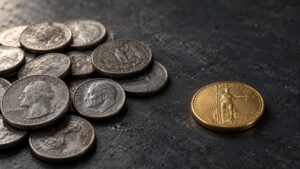A small cluster of silver coins beside a single gold coin, illustrating the gold-silver ratio used to answer how much silver you should own.