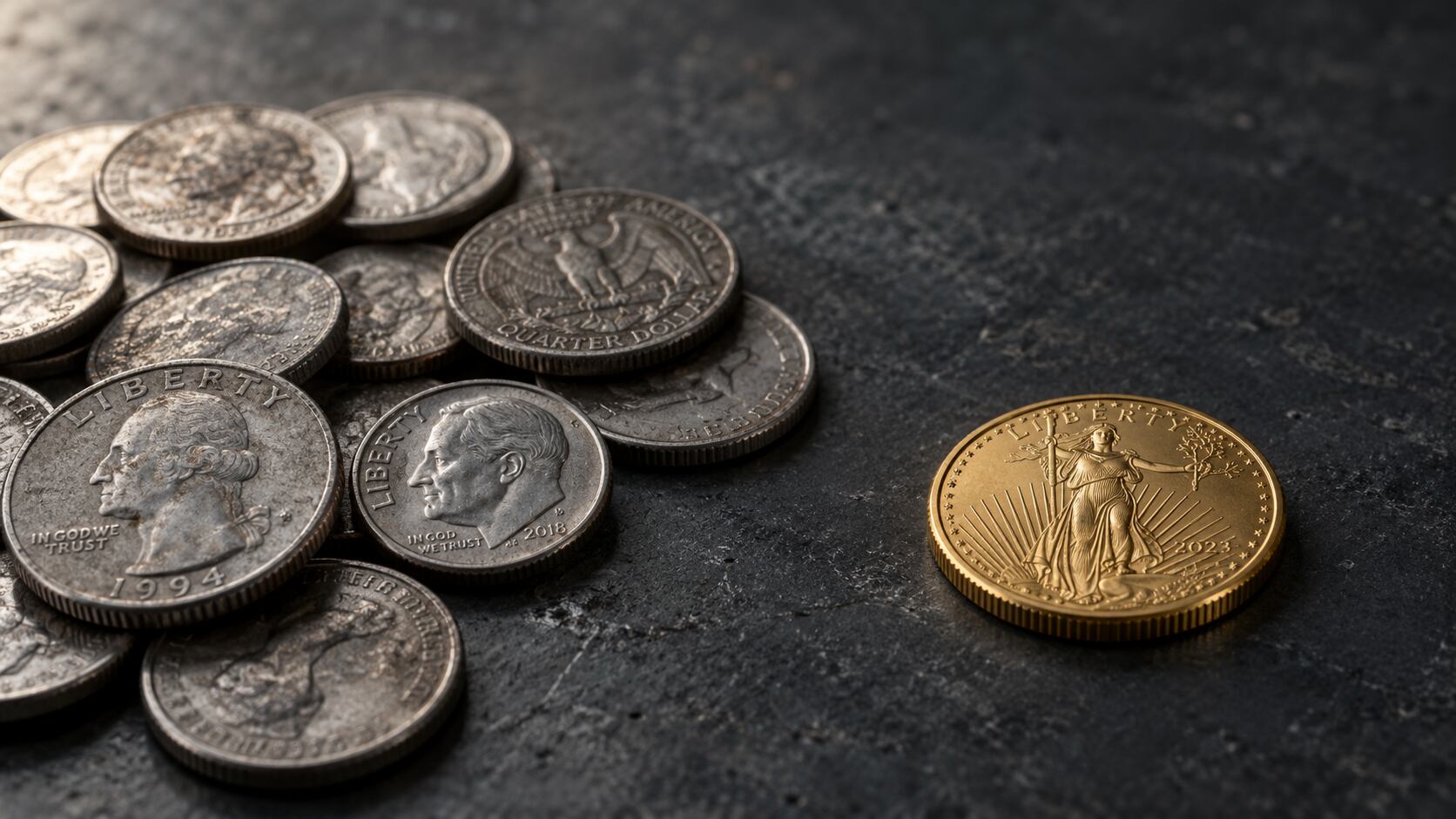 A small cluster of silver coins beside a single gold coin, illustrating the gold-silver ratio used to answer how much silver you should own.