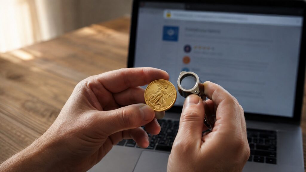 Hands holding an American Gold Eagle coin and a jeweler's loupe in front of an open laptop, illustrating how to buy gold online safely