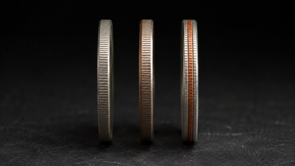 How to sell silver coins: three US coin edges compared, from solid silver to a faint copper tint to a clear copper stripe