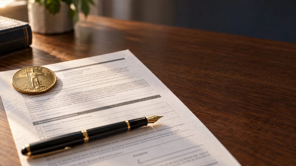 Inherited Gold IRA beneficiary designation form with a fountain pen and an American Gold Eagle coin, representing the paperwork that determines how a Gold IRA passes to heirs