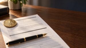 Inherited Gold IRA beneficiary designation form with a fountain pen and an American Gold Eagle coin, representing the paperwork that determines how a Gold IRA passes to heirs
