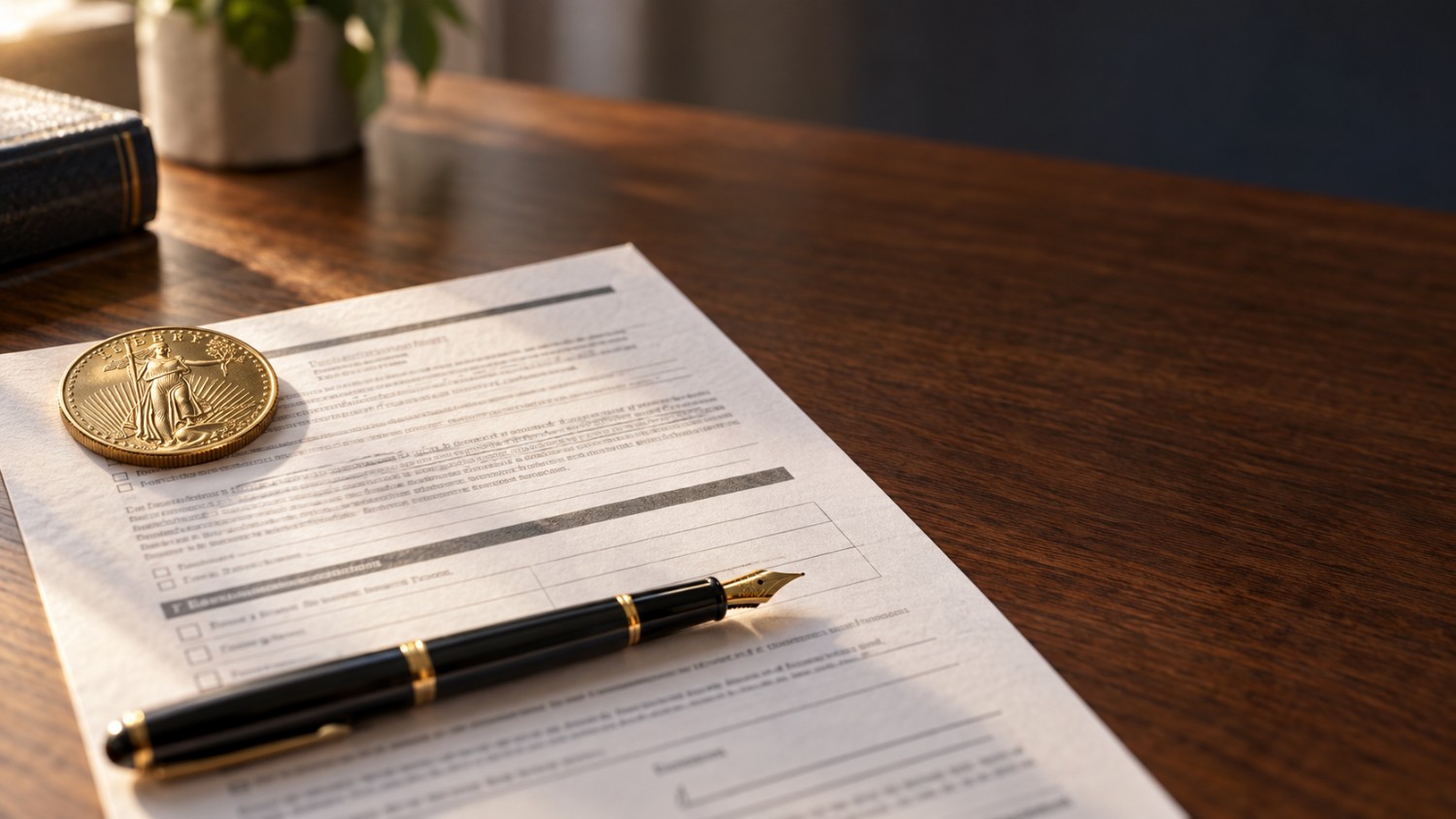Inherited Gold IRA beneficiary designation form with a fountain pen and an American Gold Eagle coin, representing the paperwork that determines how a Gold IRA passes to heirs