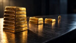Descending stacks of gold bars, from a tall pile down to a single coin, symbolizing the gap in institutional gold allocation