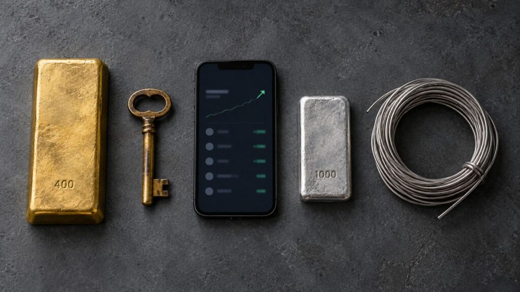 Overhead flat-lay of five objects on dark stone — a gold bar stamped 400, a brass vault key, a smartphone showing a rising balance chart, a silver ingot stamped 1000, and coiled silver wire — illustrating institutional gold demand across custody, lending, and supply