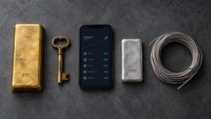 Overhead flat-lay of five objects on dark stone — a gold bar stamped 400, a brass vault key, a smartphone showing a rising balance chart, a silver ingot stamped 1000, and coiled silver wire — illustrating institutional gold demand across custody, lending, and supply