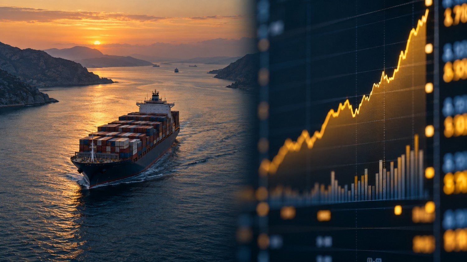 A container ship transiting a narrow strait at dusk, illustrating the Strait of Hormuz shipping-lane standoff behind today's muted gold and silver reaction
