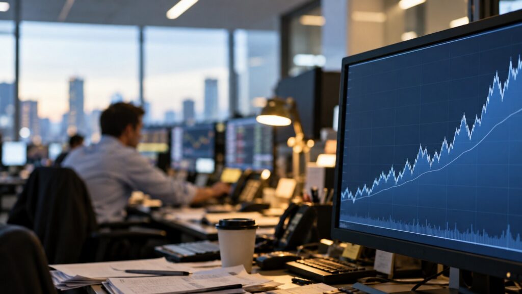 Rates desk monitor with an ascending yield chart, blurred trader in background, illustrating Japan bond yields and gold