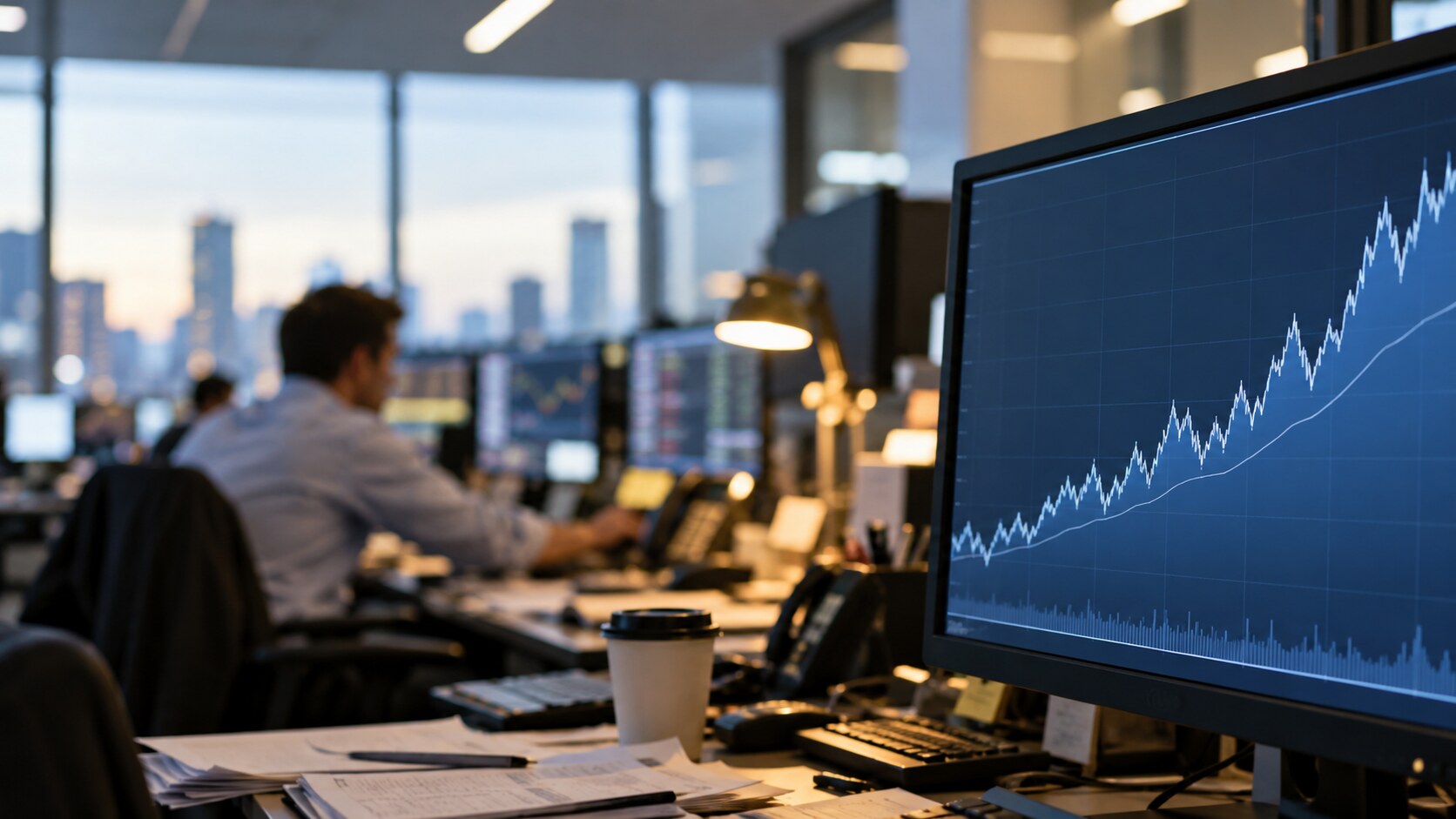 Rates desk monitor with an ascending yield chart, blurred trader in background, illustrating Japan bond yields and gold
