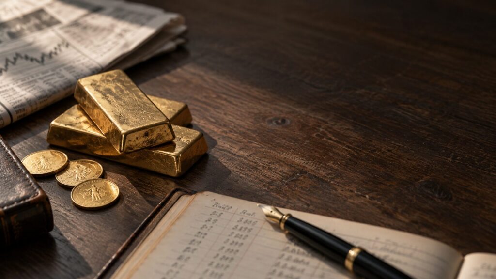 Gold bullion bars and coins beside a financial ledger and newspaper, illustrating the asset-owner side of the k-shaped economy.