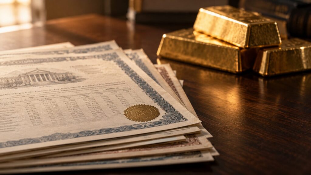 Municipal bond paperwork in sharp focus beside gold bars in soft focus, contrasting government debt obligations with a non-interest-bearing asset.