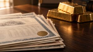 Municipal bond paperwork in sharp focus beside gold bars in soft focus, contrasting government debt obligations with a non-interest-bearing asset.