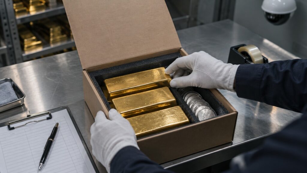 Gloved hands packing gold bars and silver coins into a foam-lined shipping box on a vault counter, illustrating on-demand delivery of vault gold.