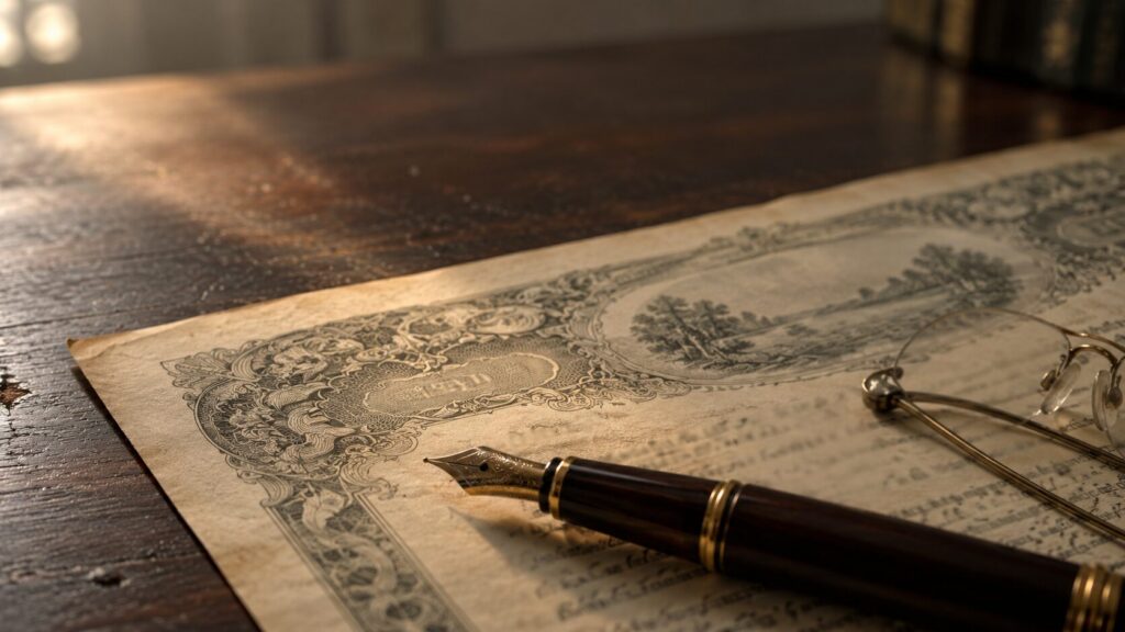 A close-up of an aged financial bond certificate with a fountain pen resting across it, representing the fixed-income instruments behind the real-yield versus nominal-yield distinction.