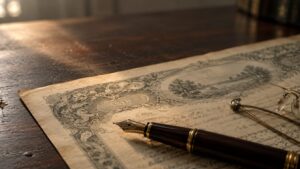 A close-up of an aged financial bond certificate with a fountain pen resting across it, representing the fixed-income instruments behind the real-yield versus nominal-yield distinction.