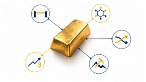 Gold bar linked to five icons, including a border gate and digital token, illustrating Russia gold export controls and other institutional gold market moves.