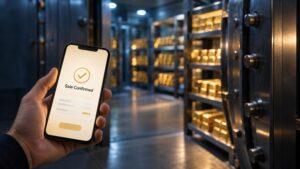 Hand holding a smartphone displaying a 'Sale Confirmed' screen with gold bars visible in a bank vault in the background, illustrating how to sell gold from vault storage without taking delivery