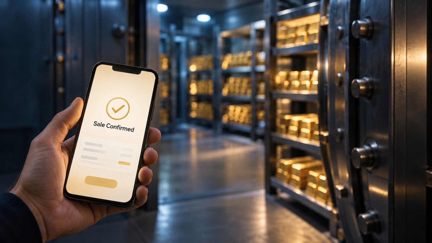 Hand holding a smartphone displaying a 'Sale Confirmed' screen with gold bars visible in a bank vault in the background, illustrating how to sell gold from vault storage without taking delivery