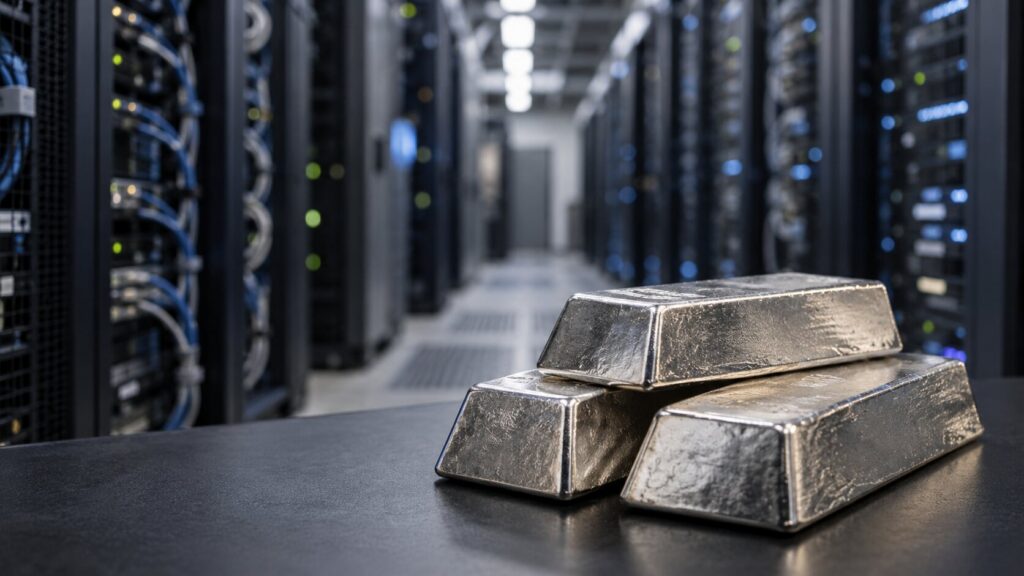 Silver bullion bars in front of a data center server room, representing silver demand from AI data centers
