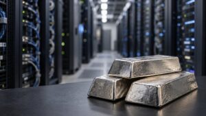Silver bullion bars in front of a data center server room, representing silver demand from AI data centers