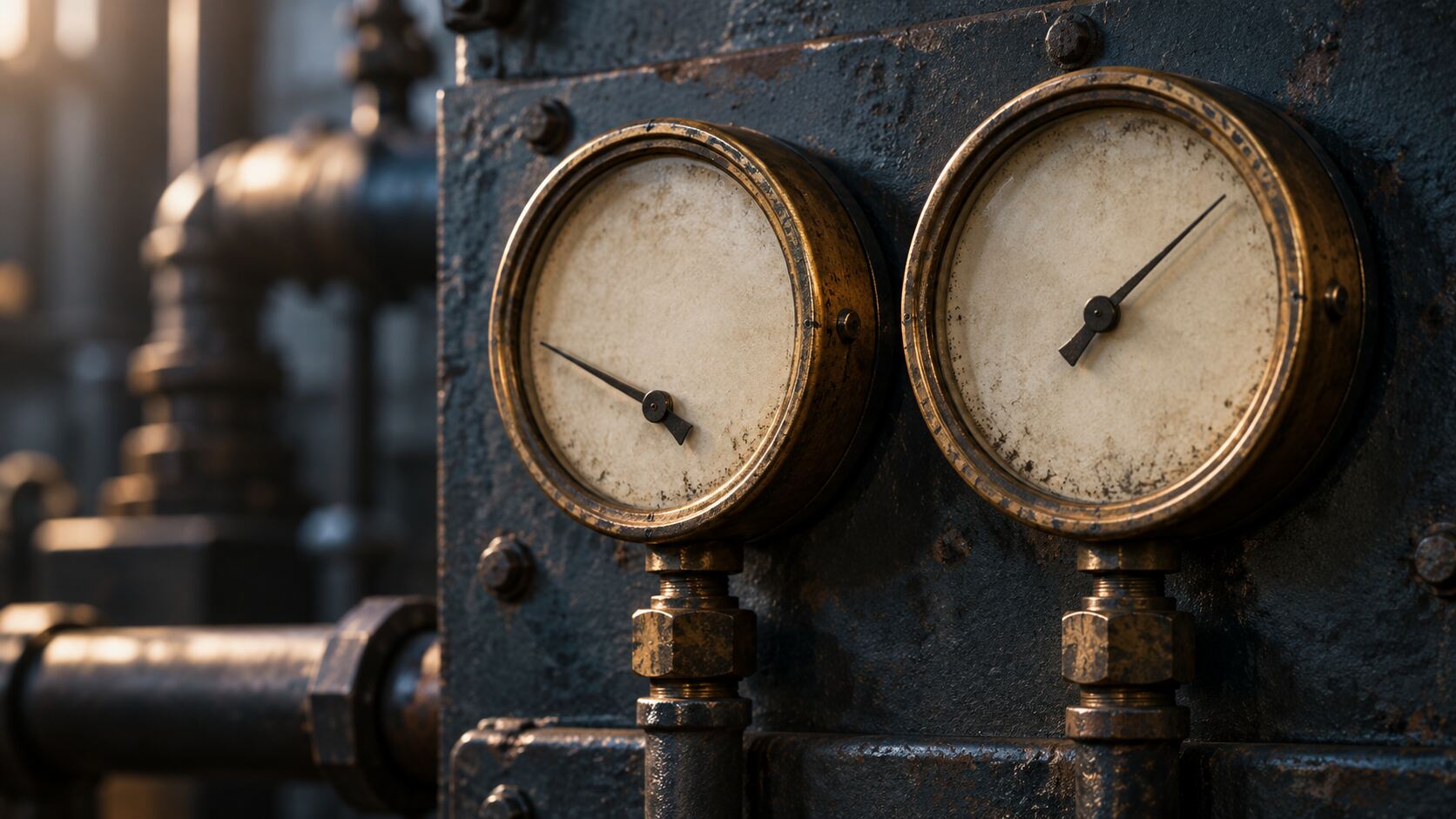 Two analog gauges side by side, symbolizing the two competing signals behind silver's price move: industrial demand and real yields.