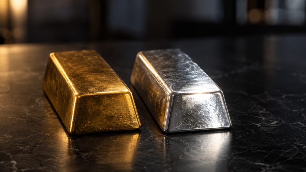 Gold and silver bullion bars on a dark marble surface, with the silver bar positioned slightly ahead of gold — symbolizing silver outperforms gold ahead of the Fed's rate decision.