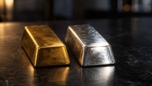 Gold and silver bullion bars on a dark marble surface, with the silver bar positioned slightly ahead of gold — symbolizing silver outperforms gold ahead of the Fed's rate decision.