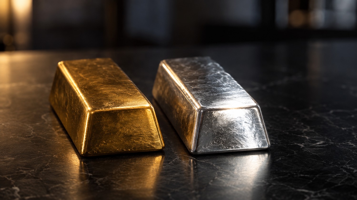 Gold and silver bullion bars on a dark marble surface, with the silver bar positioned slightly ahead of gold — symbolizing silver outperforms gold ahead of the Fed's rate decision.