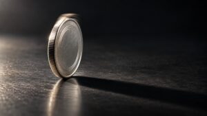 Silver price outlook September 2026: a silver coin balanced on its edge, caught mid-wobble, illustrating a Fed rate decision that's priced in while the market beneath it is still finding its footing.