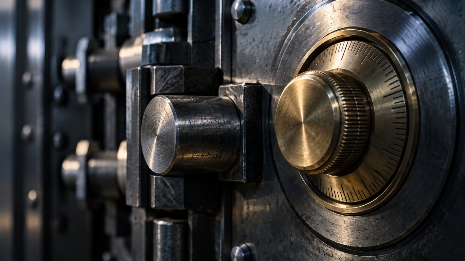 Close-up of a vault's brass combination dial and steel locking bolts, illustrating the custody risk theme behind gold and silver storage.