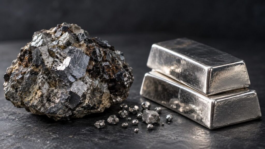 Raw lead-zinc ore beside refined silver bars and granules, illustrating silver supply and demand from byproduct mining