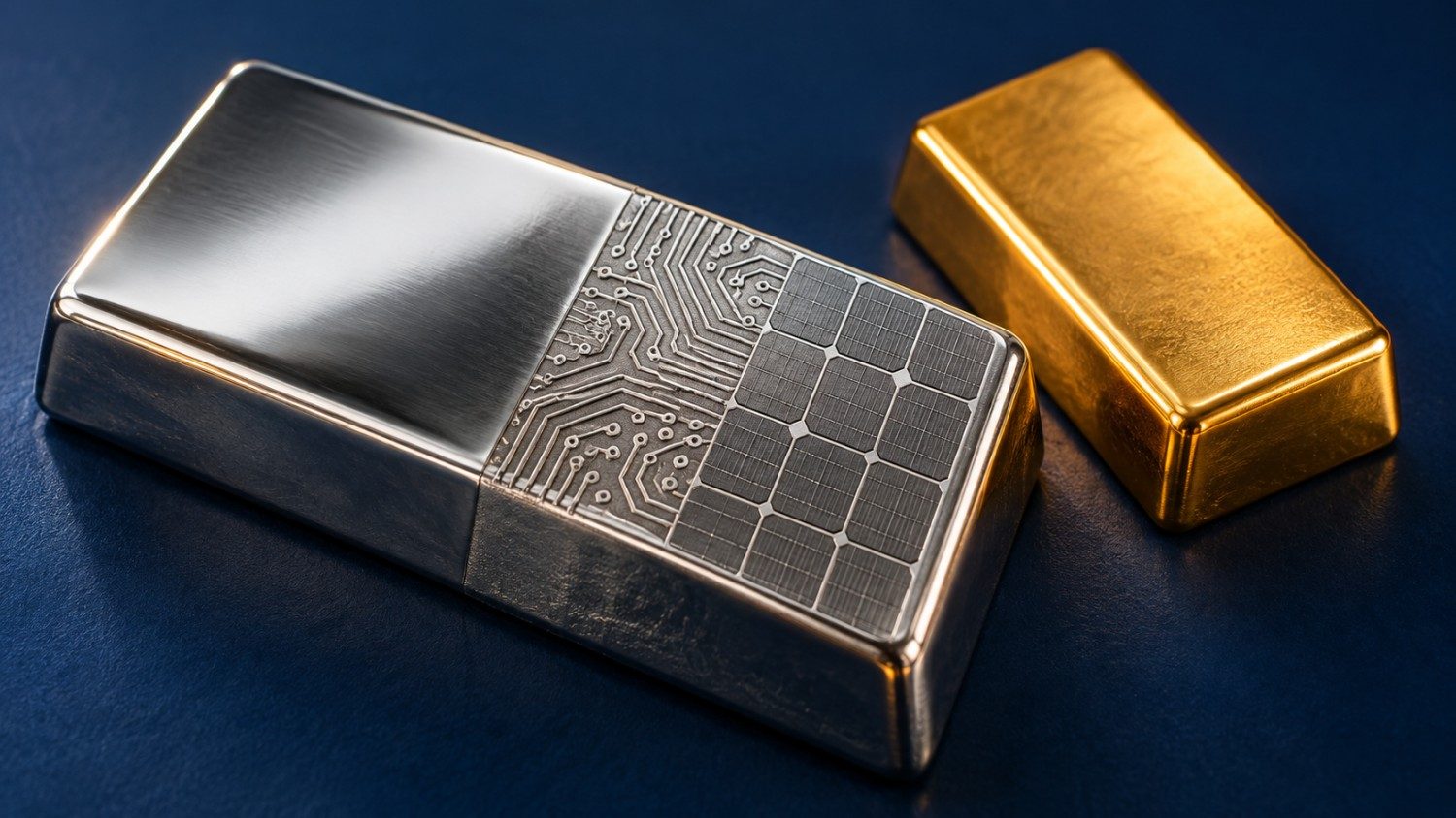 Silver bar split into polished bullion, circuit-board, and solar-panel textures beside a smooth gold bar, illustrating why silver underperforms gold