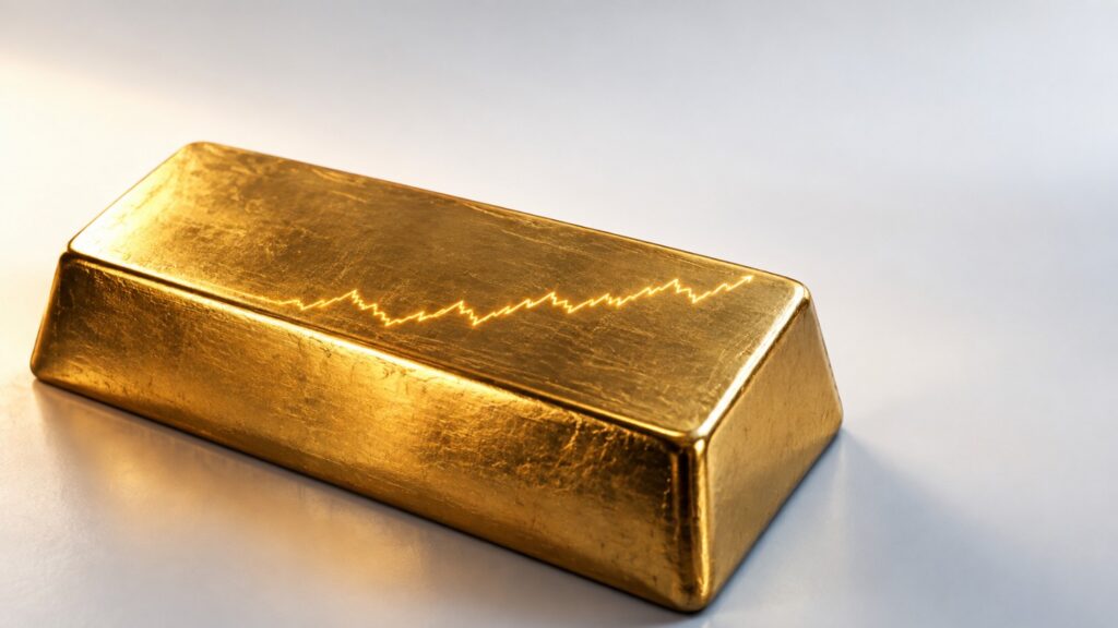 Gold bar with a rising price chart glowing on its surface, symbolizing gold as a long-term store of value